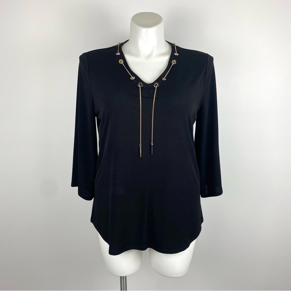 Chico’s 3/4 Sleeve Black Tunic Blouse with Goldtone Chain Neckline L